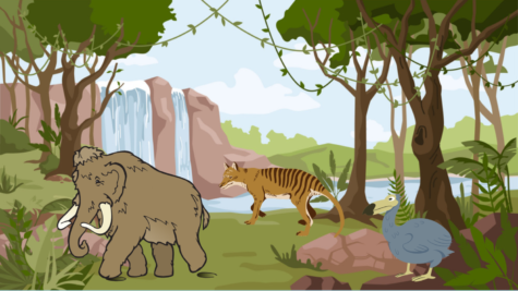 Graphic design of a Woolly Mammoth, Dodo Bird, and Tasmanian Tiger in a forest 