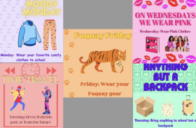 Spirit week begins on October 2nd, starting with Moody Monday. Tuesday is Time Travel, and Wednesday is We Wear Pink. Thursday is Anything But a Backpack, and Friday is Fuquay Friday.