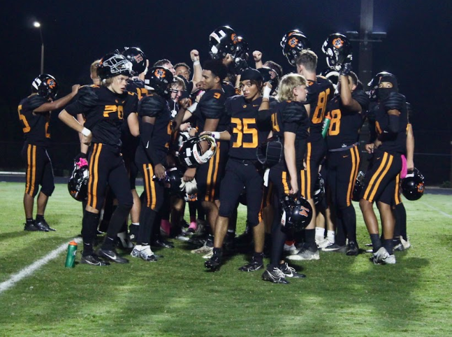 Fuquay Varina High School celebrates their win against the Corinth Holders at the homecoming game on Oct 6, 2023.