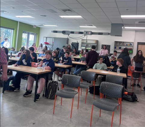 Students gather in the Horticulture Classroom for the Fuquay-Varina FFA chapter’s first meeting of the school year.  
