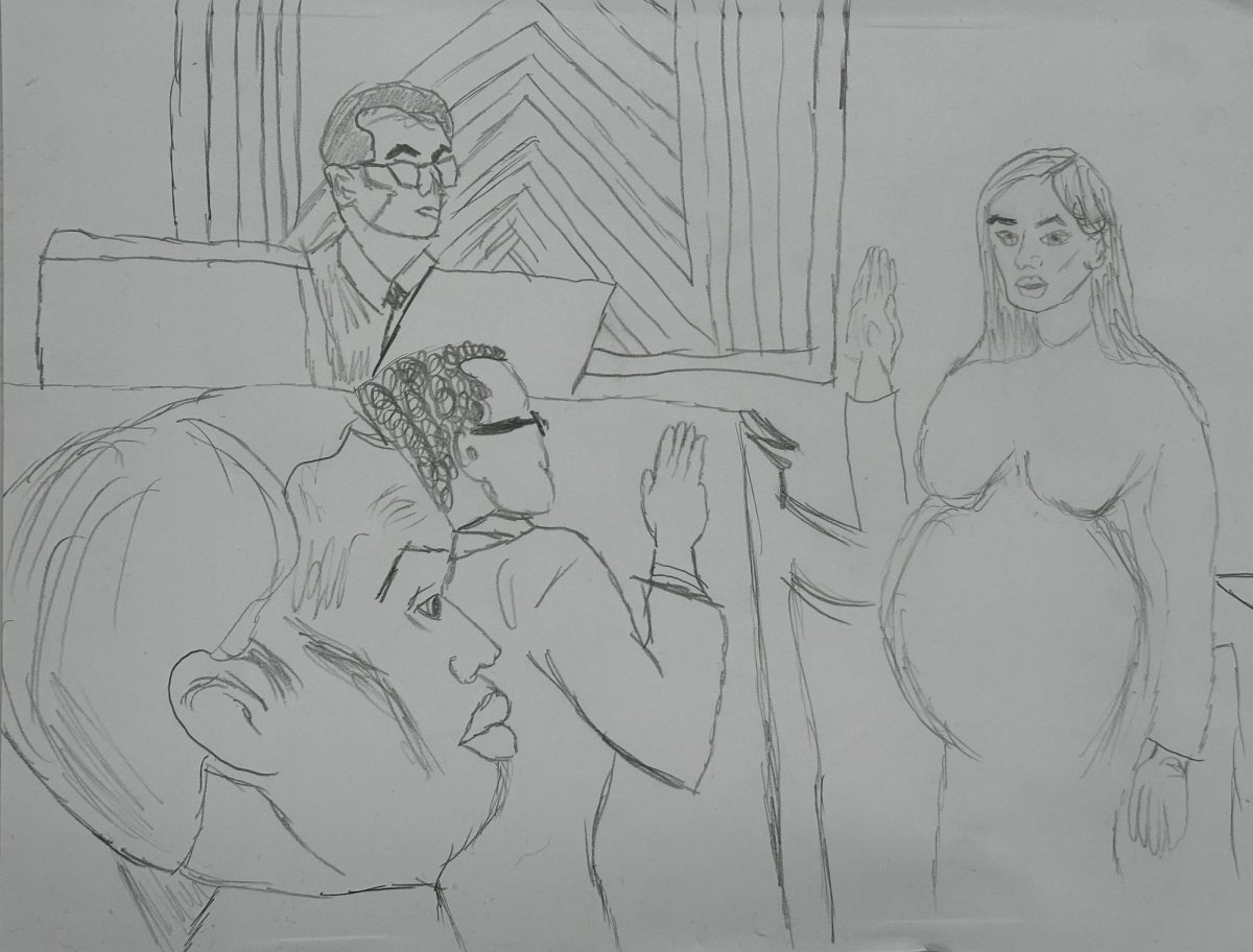 A drawing of one of the courtroom sketches depicting Cassandra Ventura being sworn in with Sean Combs watching.

