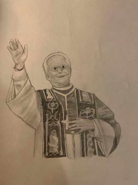 Sophomore Audrey Ehresman illustrates Pope Leo XIV as he greets his new followers. 

