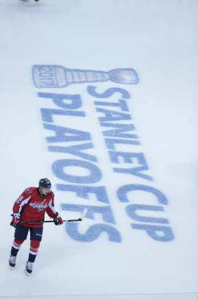 Stanley Cup playoff logo seen on ice during a match against the Pittsburgh Penguins at Washington Capitals.