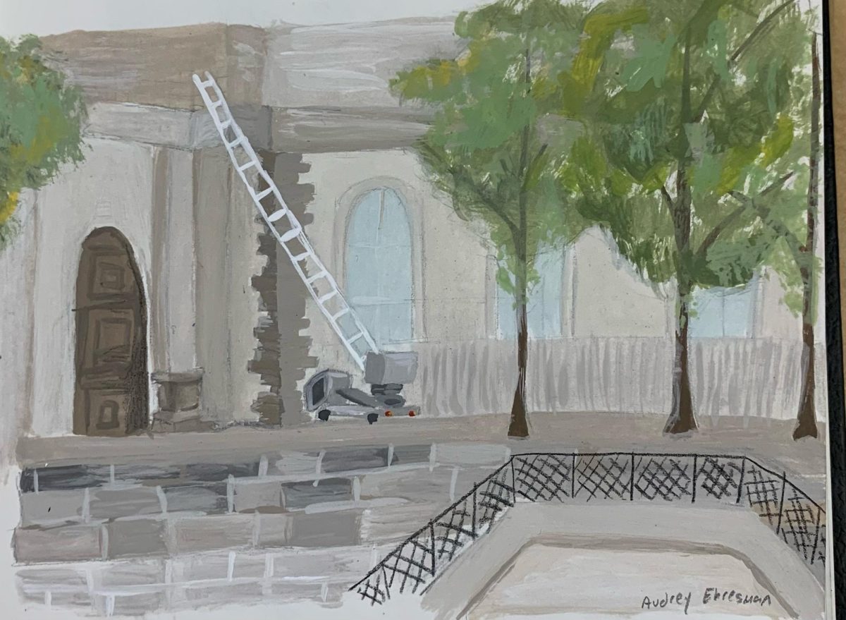 The painting illustrates how the thieves broke into the Louvre. Painting by Audrey Ehresman.