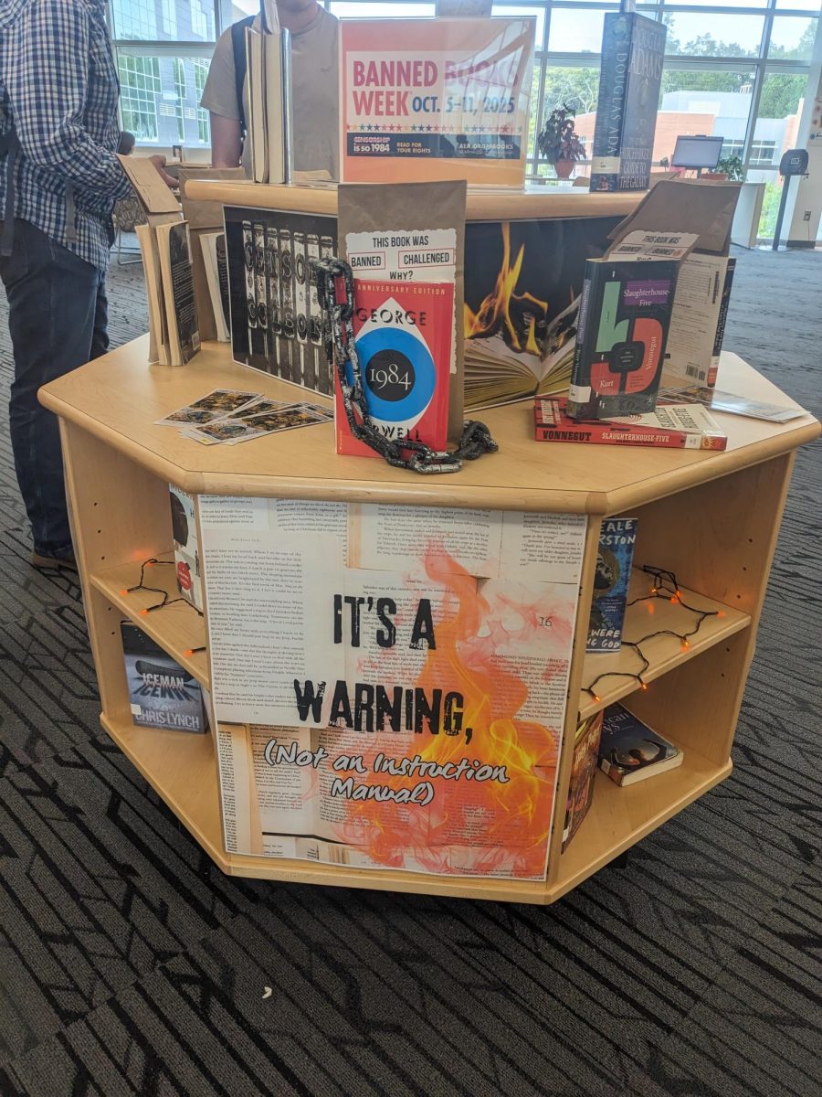 The media center created a stand for students to showcase banned books. 

