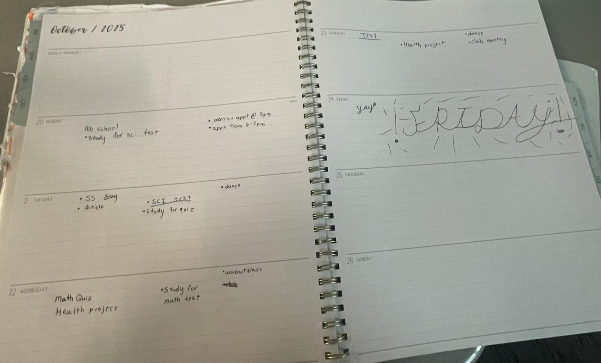 A busy student’s planner for the week showcases excitement for Friday’s arrival.
