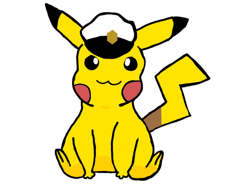 Captain Pikachu, drawn by Lottie Yates, sits with his captain’s hat.
