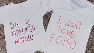 The shirts display examples of lies to write on a shirt.