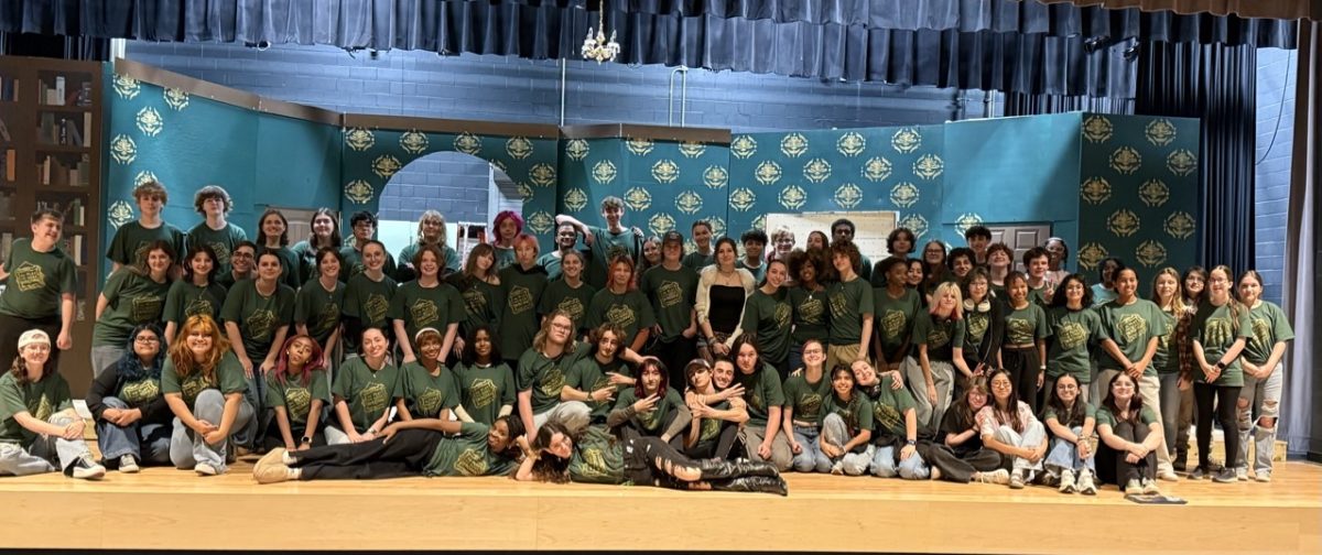 The cast and crew gather during the first day of NATEs (no absences tardies or excuses) for “The Play That Goes Wrong.” Photo by Paige MacGovern.