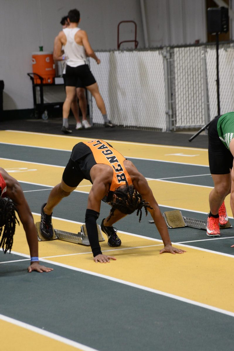 Jalen Ali is getting his feet placed, ready to take off on his 55m sprint. Photo by Ben Balsley.
