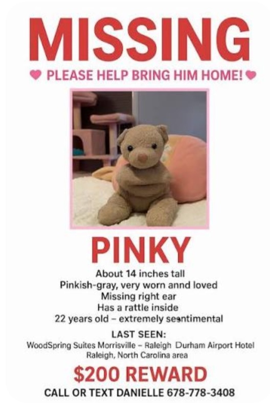 Pinky’s family created an informational flyer about Pinky.