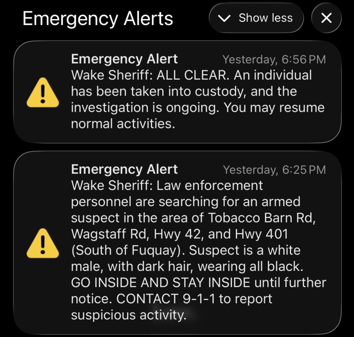 An emergency alert was sent out to warn Fuquay citizens.