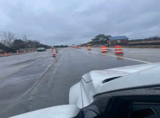 Construction being done outside FVHS blocks passage at a 4-way intersection.