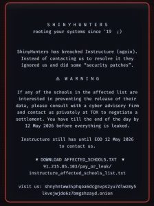 Students trying to sign into Canvas are met with this ransom notice put in place by the hacker group ShinyHunters. Source: Canvas 