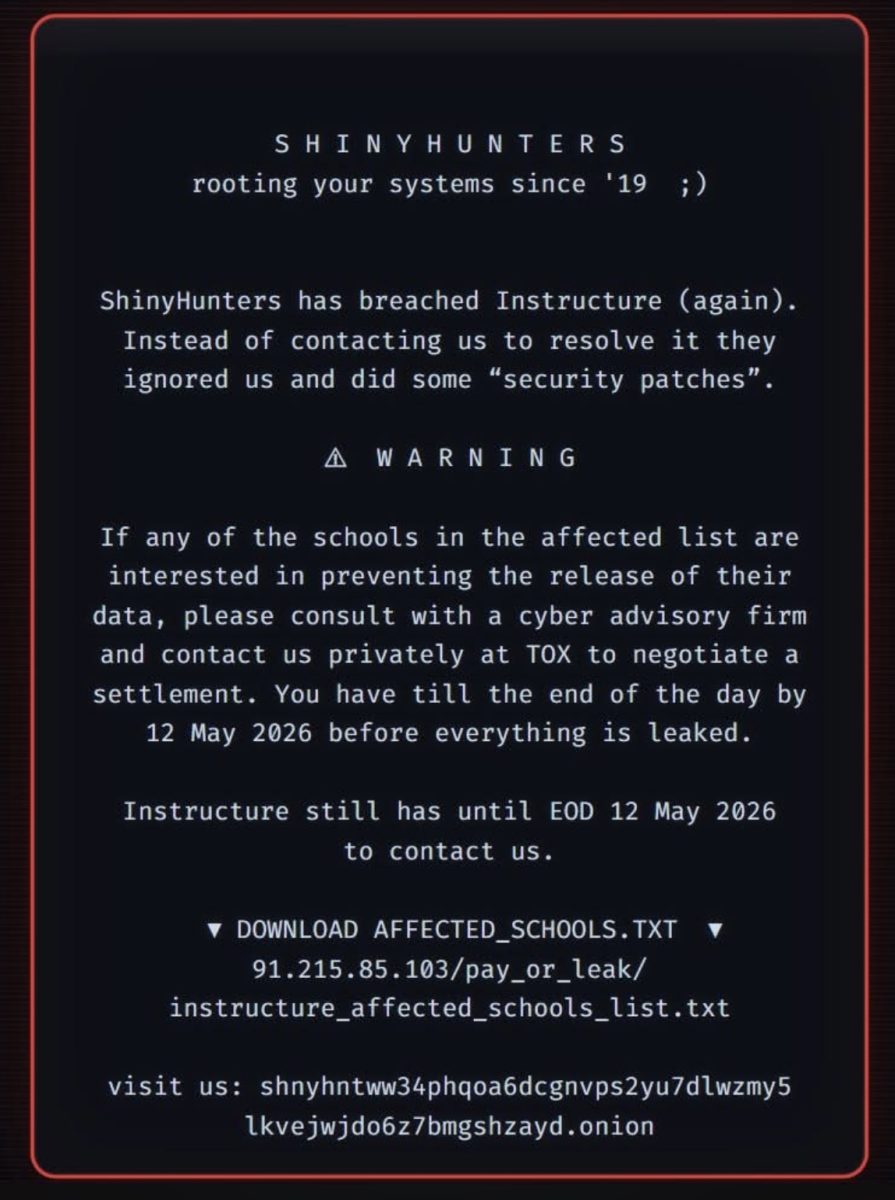 Students trying to sign into Canvas are met with this ransom notice put in place by the hacker group ShinyHunters. Source: Canvas 