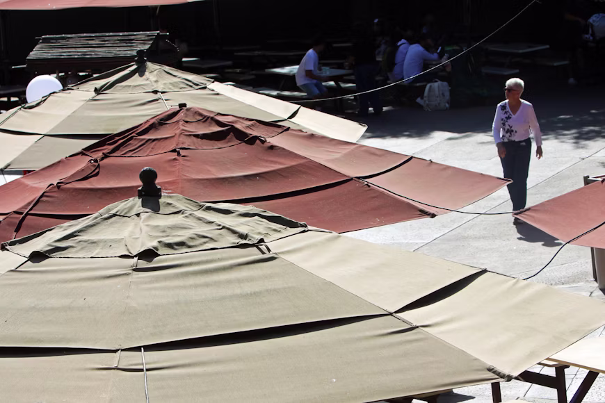 A wind blown patio umbrella struck a woman at a lakeside restaurant.